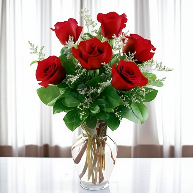 6 Red roses vase